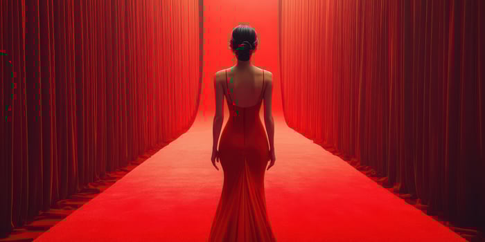 Elegant figure in a red dress walking through a dimly lit, red curtain corridor during an evening event photo