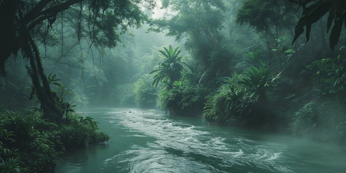 Mystical River Flowing Through Lush Green Jungle photo