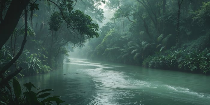 Mystical River Flowing Through Lush Green Jungle. photo
