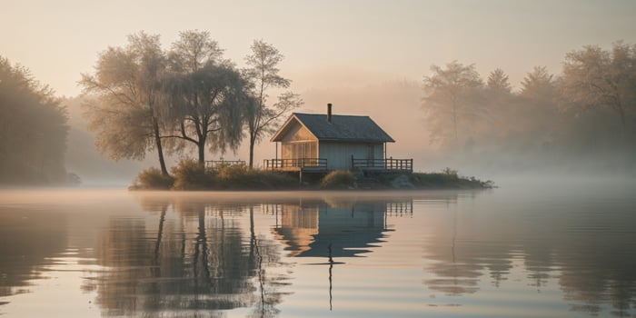 A small house sits on an island in the middle of a lake photo