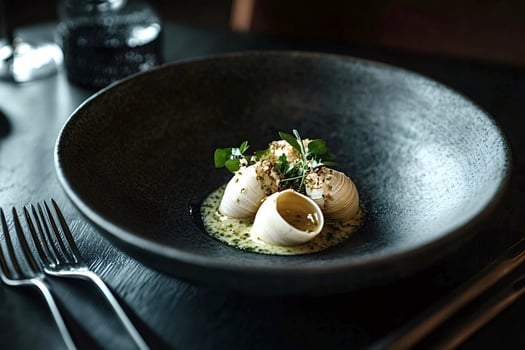 Gourmet escargots sprinkled with herbs in black elegant plate photo