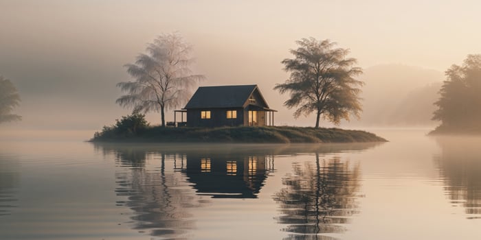 Tranquil Lake Cabin Reflected in Peaceful Water at Dusk. photo