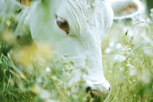White cow grazing peacefully in green pasture photo