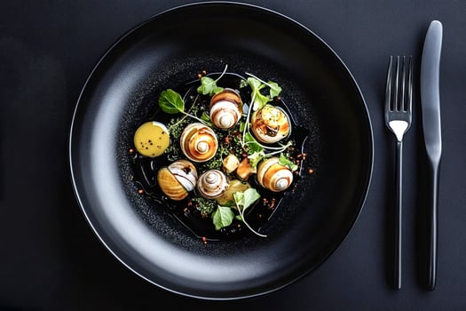 Gourmet snails with herbs and sauce on elegant black plate photo