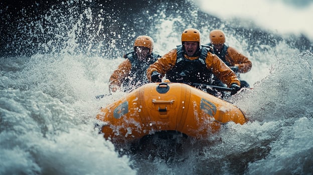Three people in an orange raft riding through a river photo