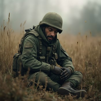 A man in military gear sitting in a field photo