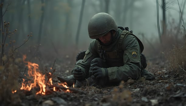A soldier kneeling in the woods with a fire photo