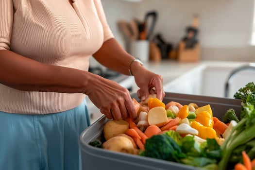 A woman is putting vegetables in a garbage can photo