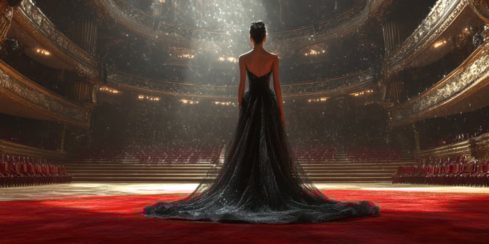 Elegant performer stands in stunning black gown on theater stage before a captivated audience photo