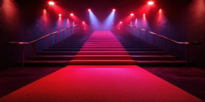 Bright red carpet stairs lead to an elegant event space with dramatic lighting and atmospheric smoke effects photo