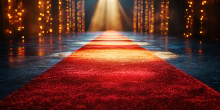 Red carpet leading to stage with bright lights creating an elegant atmosphere for a special event at night photo