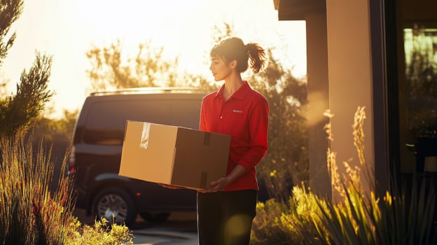 Asian female delivery worker in red shirt delivering package outdoors at sunset photo