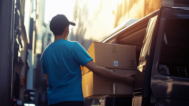 Male caucasian adult courier delivering packages from van in urban alley photo