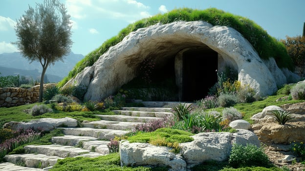 A cave with a stone entrance and steps leading to it photo