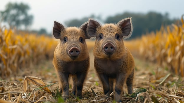 Two small pigs standing in a field photo