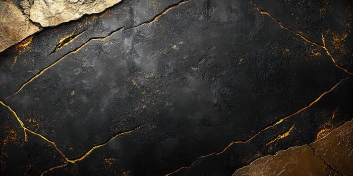 Dark textured surface with golden cracks featuring intriguing patterns and contrasts in a modern design backdrop photo
