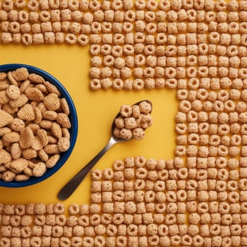 Cereal cereal with spoon and bowl on yellow background photo