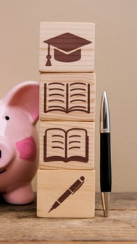 Piggy bank, pen and books with graduation symbols photo