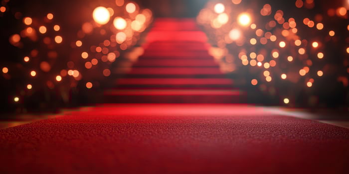 Red carpet entrance with illuminated stairs creates a glamorous atmosphere for a prestigious event at night photo