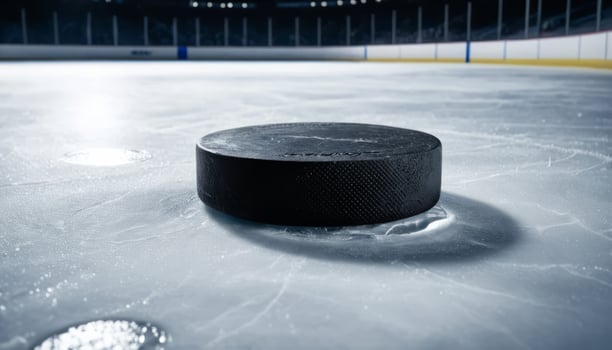 Close-Up of a Black Ice Hockey Puck on a Smooth Ice Rink Surface Illuminated by Arena Lights photo