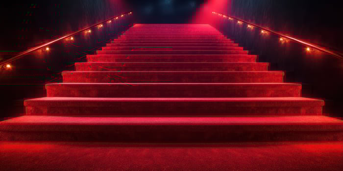 Staircase illuminated with red lights leading to an unknown destination during a dramatic evening event photo