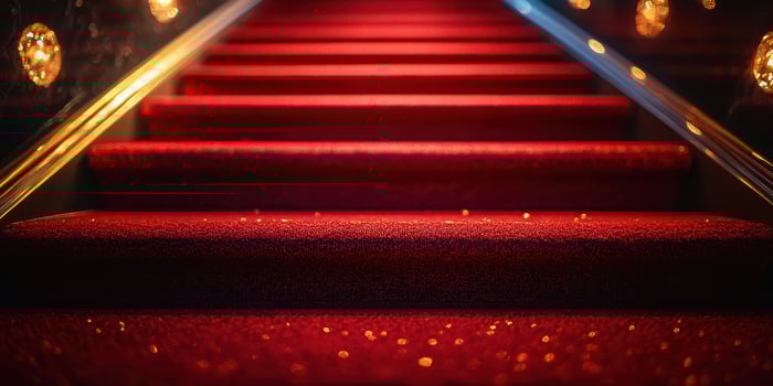 Red carpet stairs illuminated by glowing lights in a chic venue during an elegant evening event photo