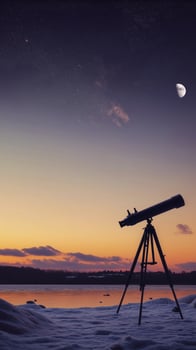 telescope on tripod overlooks snowy landscape at sunset, with crescent moon in sky photo
