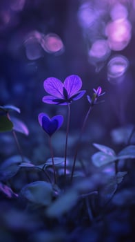 stunning purple flower trio in forest, surrounded by lush greenery, evokes sense of tranquility and beauty photo