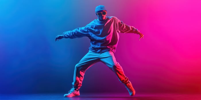 Dynamic hip hop dancer performs under bright blue and pink lights in an urban setting during a late-night event photo