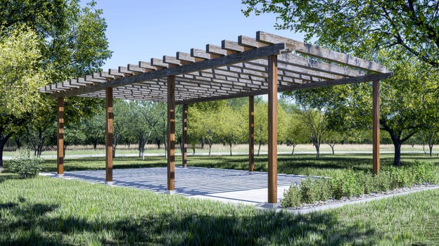Modern Wooden Pergola Surrounded by Lush Greenery in a Sunlit Outdoor Space photo