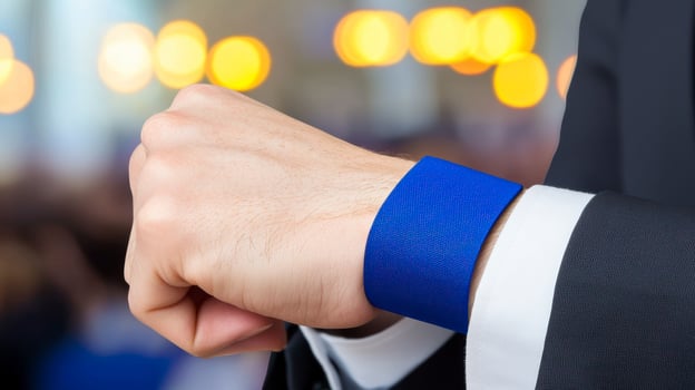 Elegant wristband on a man's hand with blurred background of a lively event or gathering photo