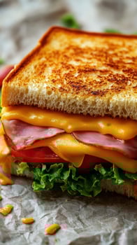 Delicious grilled cheese sandwich with ham, tomato, and lettuce on a rustic paper background photo
