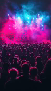 Crowded concert with vibrant lights and fog creating an energetic atmosphere in the evening photo