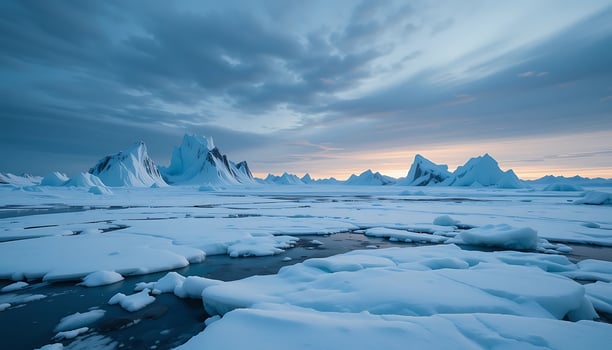 Icebergs and Frozen Landscape Scenery Under a Cloudy Sky at Dusk photo