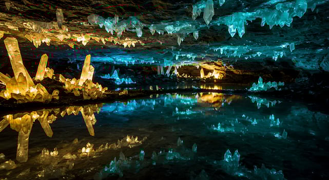 Crystal Cave Reflections Underground Grotto with Turquoise and Yellow Colors photo
