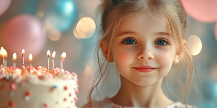 Young girl smiles joyfully at her birthday celebration with a beautifully decorated cake and colorful balloons in the background photo