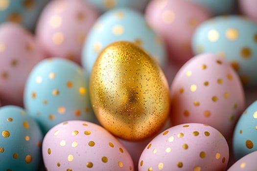 Golden easter egg standing out among pastel colored easter eggs with golden dots photo