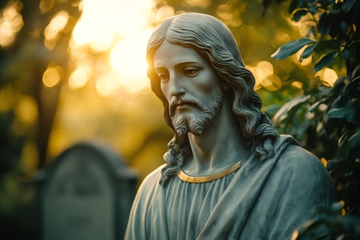 Majestic statue of Jesus Christ illuminated by golden sunlight in a serene garden photo