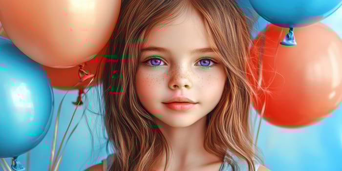 Young girl with blue eyes and flowing hair surrounded by colorful balloons at a festive celebration photo