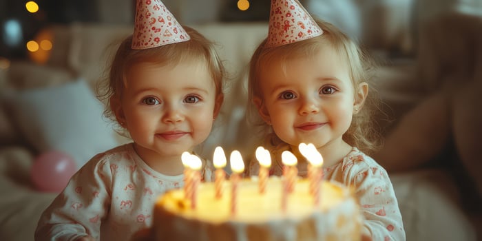 Twins celebrate their birthday with a joyous cake surrounded by warm lights in a cozy indoor setting photo