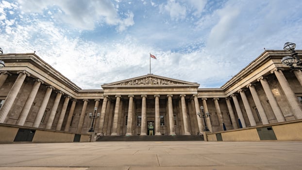 A majestic neoclassical facade with iconic columns defines the British Museum in London photo