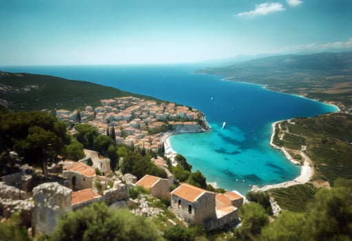 Asos Ionian Venetian Kefalonia seascape Castle Ruins Sea Greece village scene outdoor island view spring Awesome Aerial Europe Stunning Background Water Sky Beach Summer Travel House Landscape photo