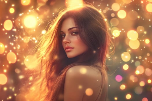 Beautiful woman with long hair and golden lights photo
