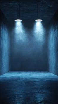 Dramatic blue-lit empty room with beams of light illuminating a misty atmosphere photo