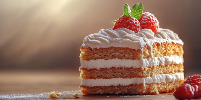 Delicious cake with fresh strawberries and cream served on a wooden table photo