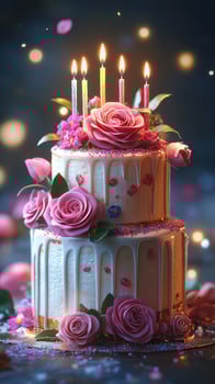 Celebration cake with pink roses and candles illuminated in a soft glow at a festive gathering photo