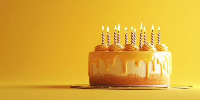 Celebrate a joyful occasion with a bright yellow cake topped with candles in a cheerful setting photo