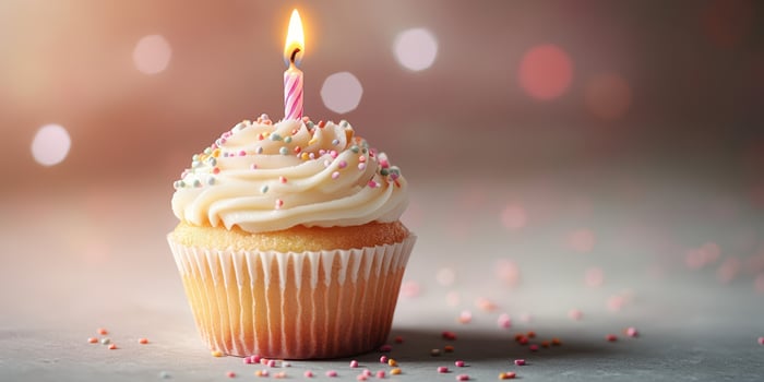 Delicious cupcake with a lit candle and colorful sprinkles celebrates a special moment photo
