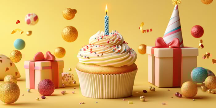 Colorful birthday cupcake surrounded by gifts and festive decorations on a bright yellow background photo