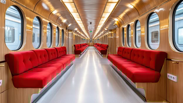 A train with red seats and windows photo